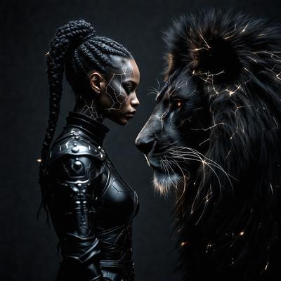 The primary subject of the image is a woman wearing a black outfit, standing next to a lion. The setting appears to be a dark room, and the visual style is a combination of a photo and digital art. The woman and the lion are the main focus of the image, and the overall atmosphere is mysterious and intriguing.